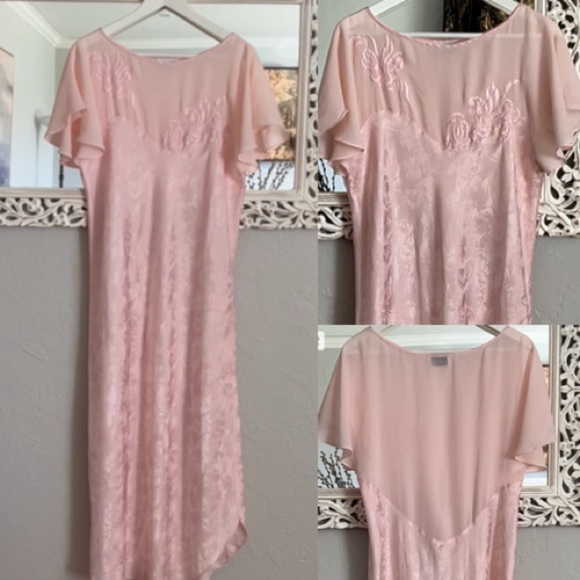 Natori Pink Satin Chemise Nightgown w/ Lace & Flutter Sleeves L/XL - Picture 6 of 7